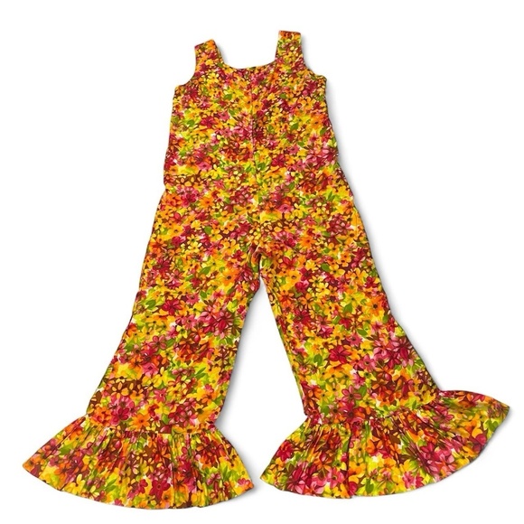 Vintage 60s 70s Psychedelic Mod Bell Bottom Jumpsuit Floral Pink Red Yellow - Picture 3 of 15